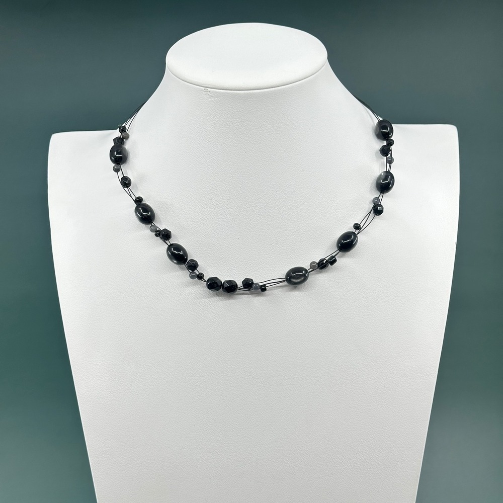Black Gray Beaded Wire Necklace Adjustable Layered Gothic Statement Jewelry
